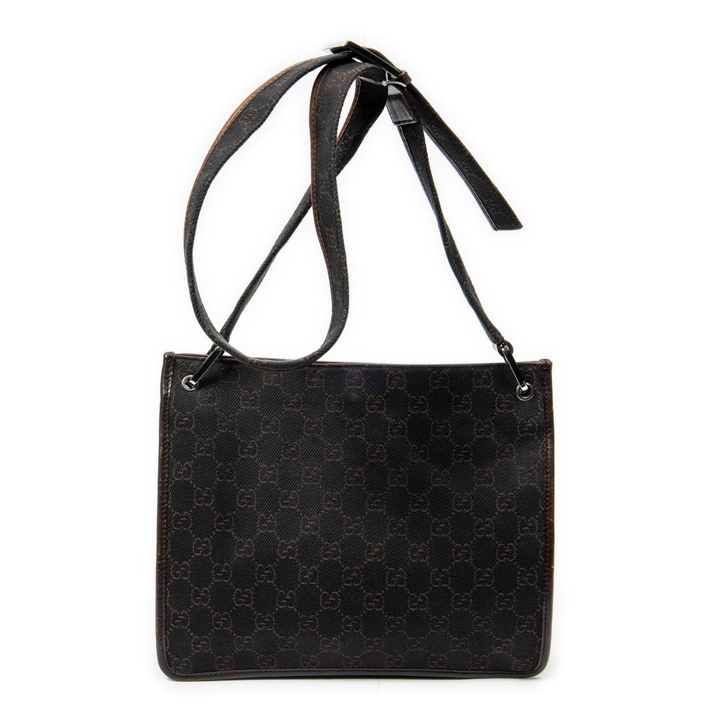 Bolso de hombro pequeño tipo bandolera de lona vaquera con monograma marrón oscuro