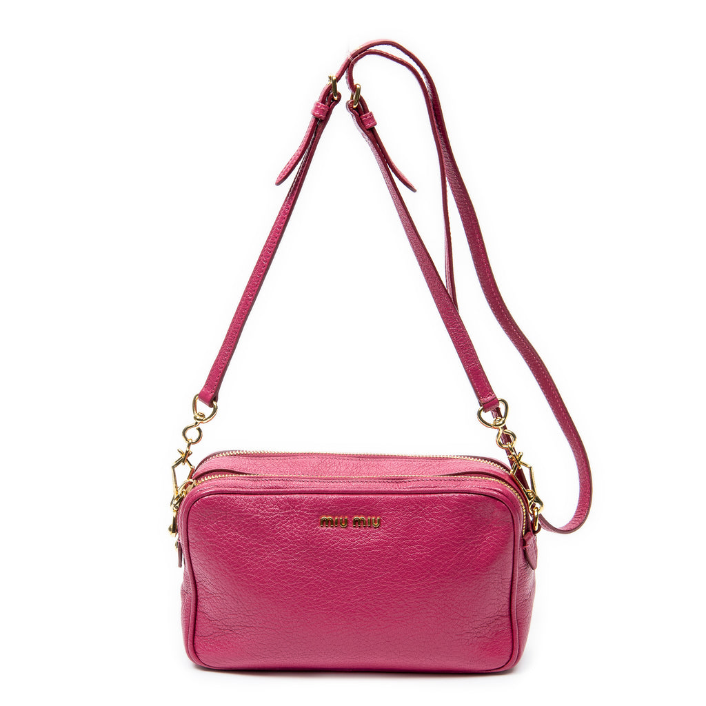 Shoulder Bag Double Zip Camera Crossbody Fuchsia Pink Madras Leather