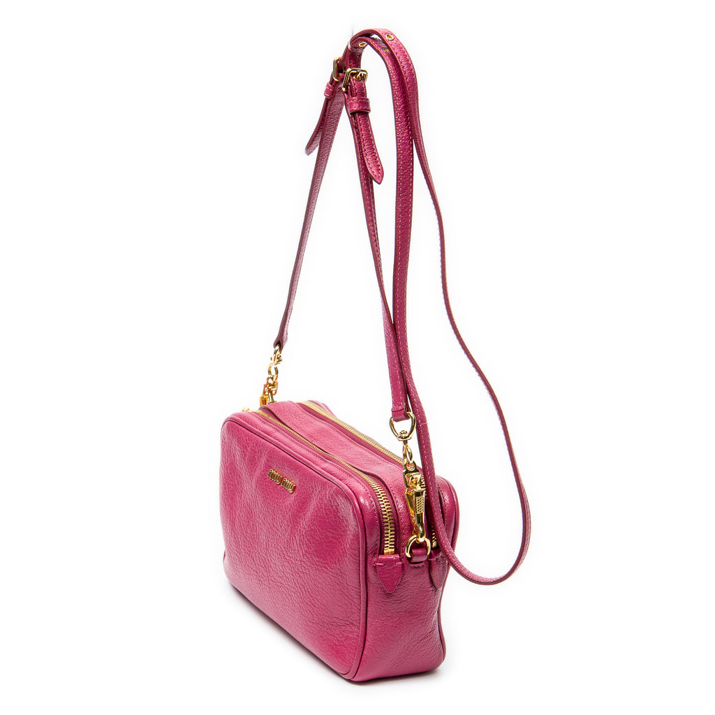 Shoulder Bag Double Zip Camera Crossbody Fuchsia Pink Madras Leather
