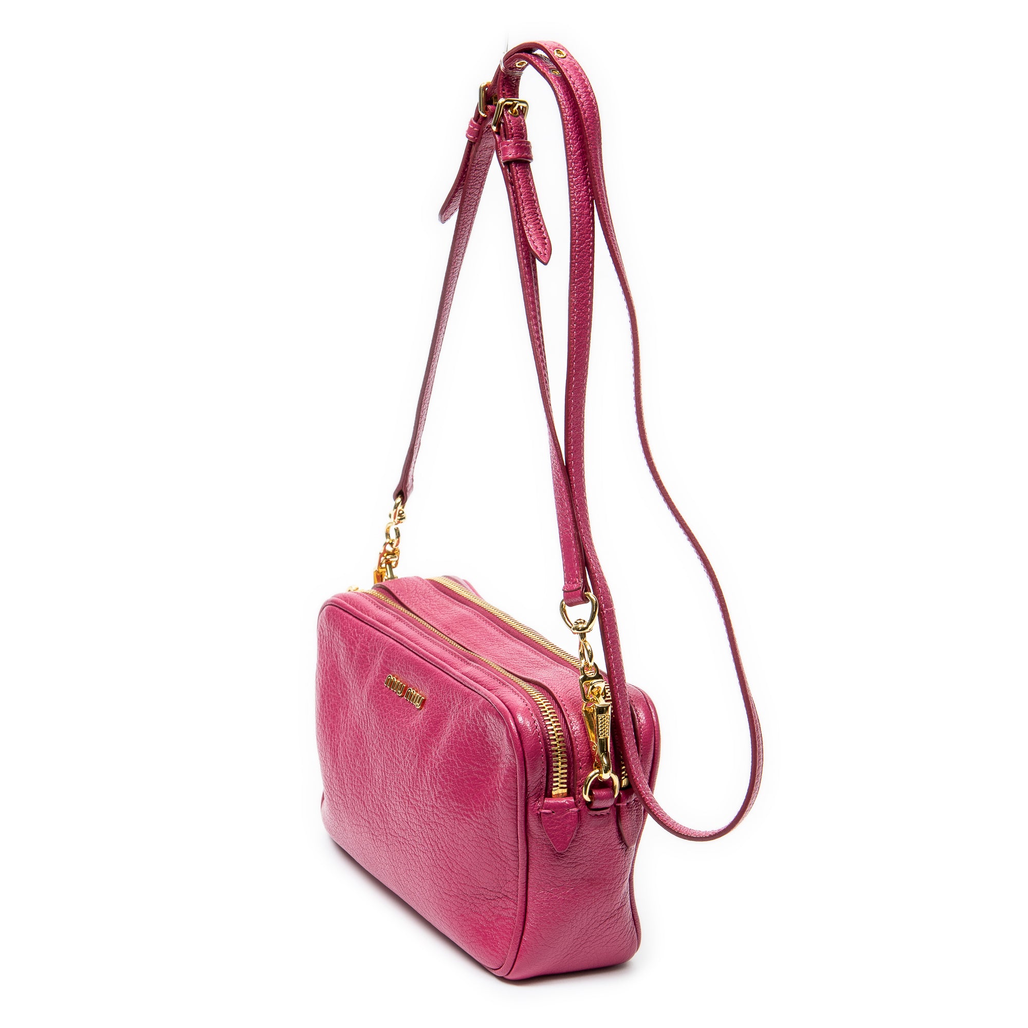 Shoulder Bag Double Zip Camera Crossbody Fuchsia Pink Madras Leather