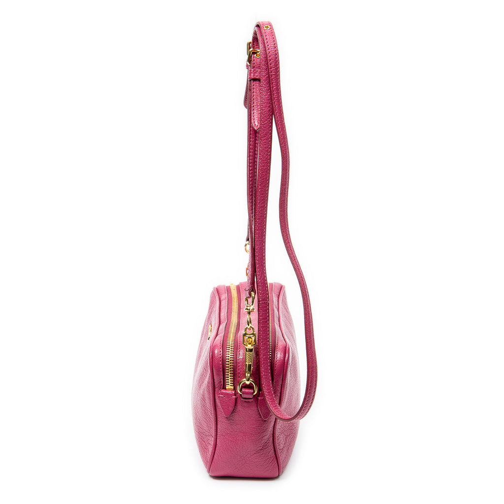Shoulder Bag Double Zip Camera Crossbody Fuchsia Pink Madras Leather