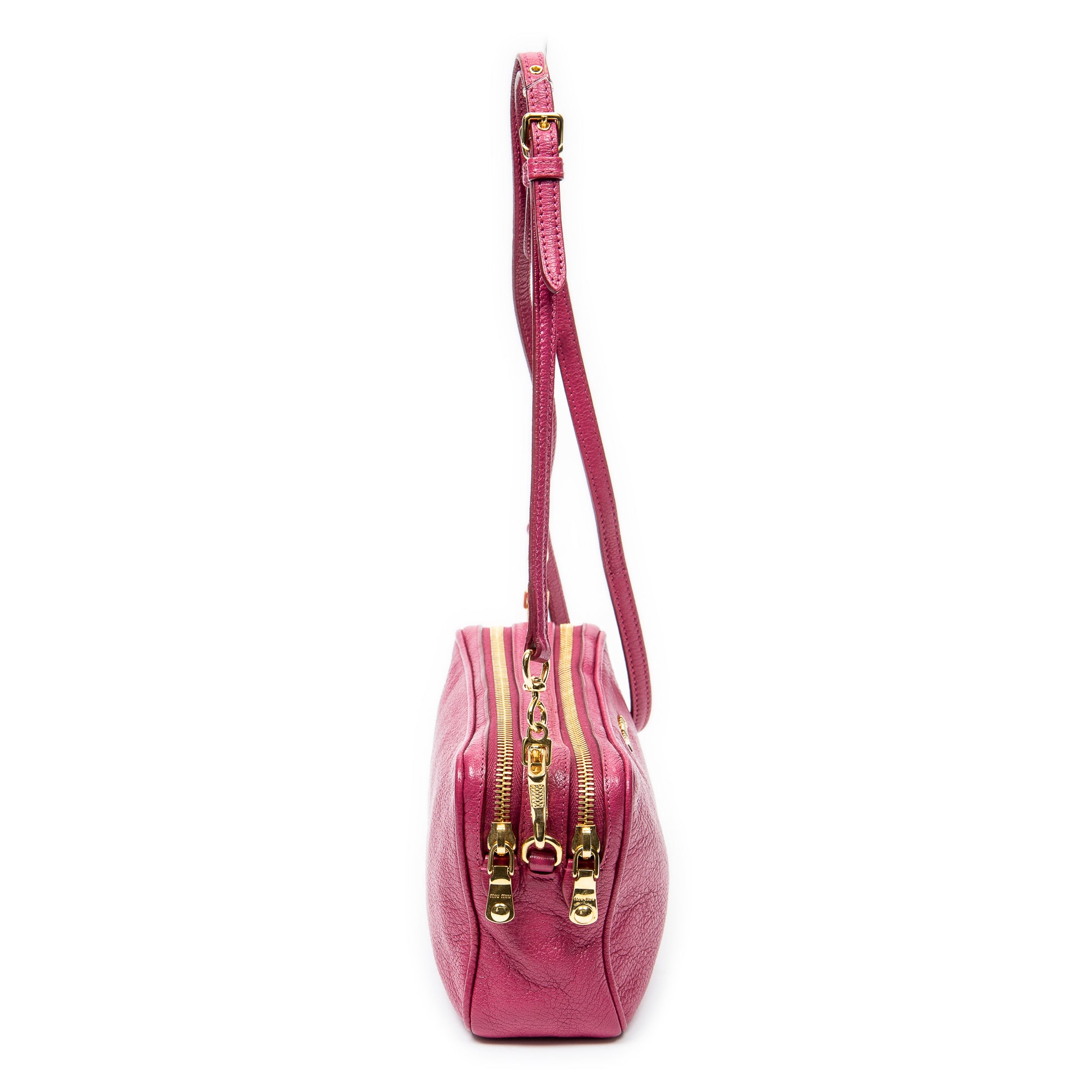 Shoulder Bag Double Zip Camera Crossbody Fuchsia Pink Madras Leather