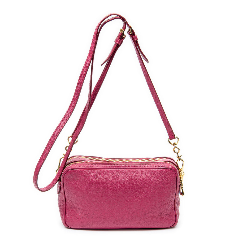 Shoulder Bag Double Zip Camera Crossbody Fuchsia Pink Madras Leather