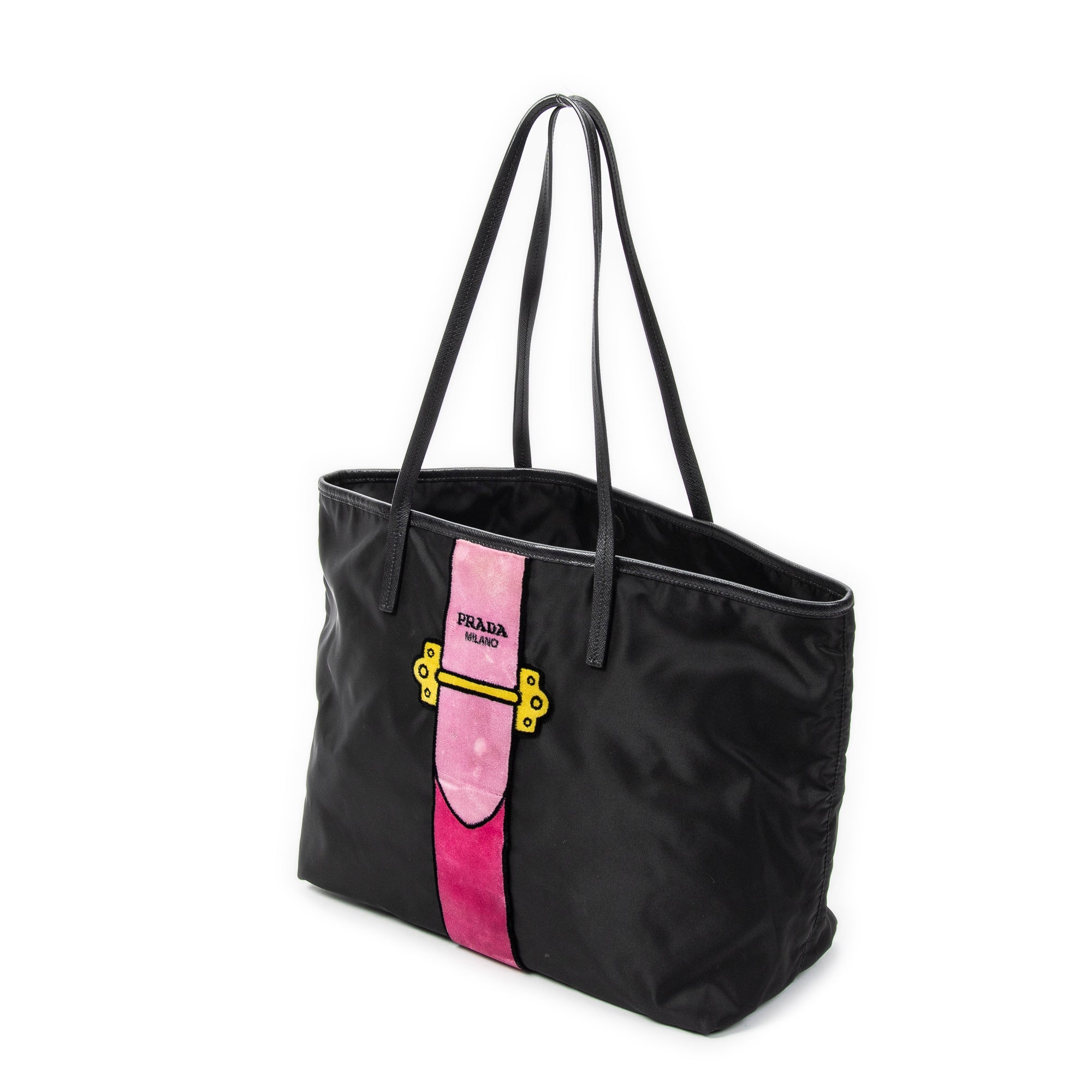 Shoulder Bag Ricamo Trompe L'oeil Tote Black Nylon Canvas