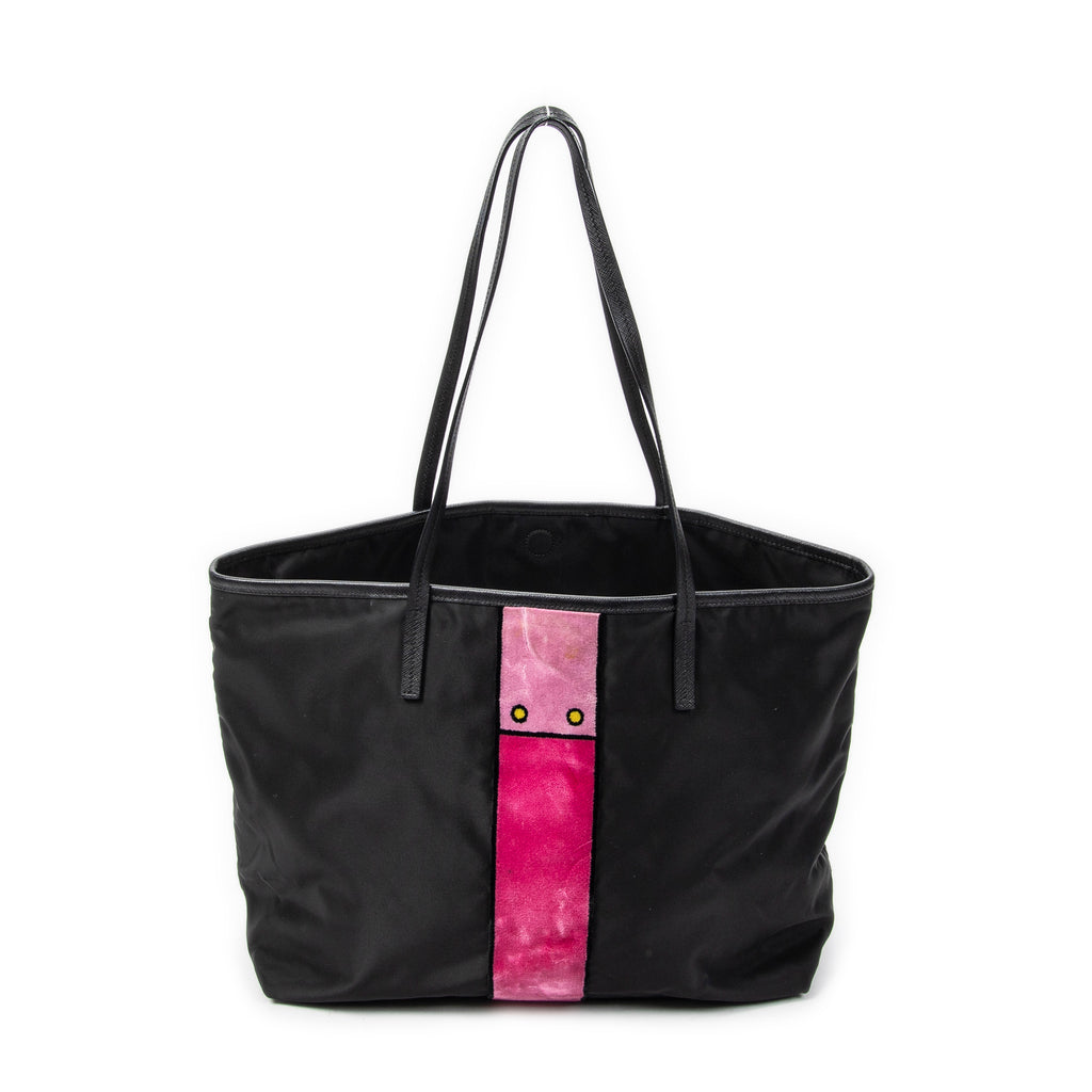 Shoulder Bag Ricamo Trompe L'oeil Tote Black Nylon Canvas