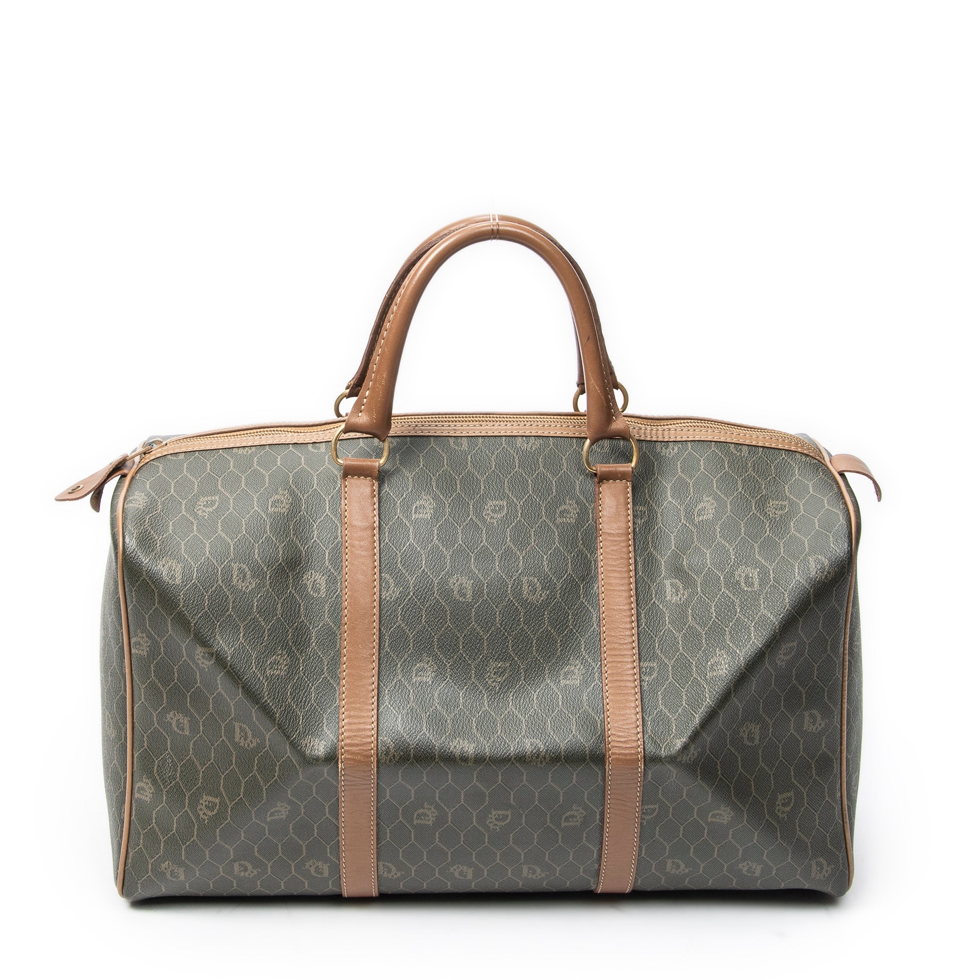 Travel Bag Vintage Small Travel Boston Green Honeycomb Coated Canvas