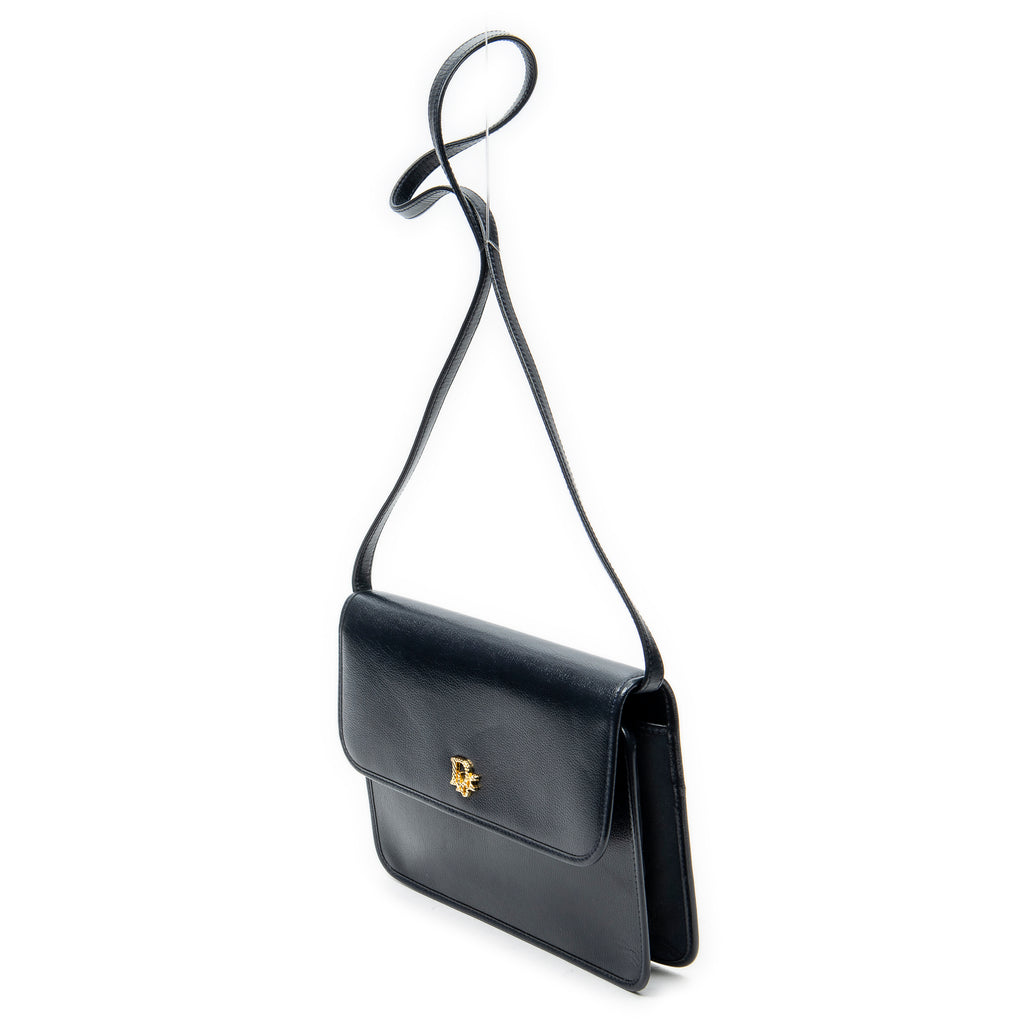 Shoulder Bag Vintage Pushlock Flap Crossbody Navy Grained Calfskin Leather
