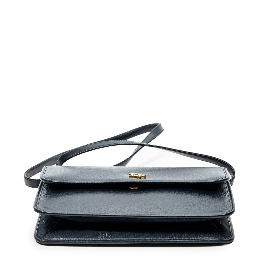 Shoulder Bag Vintage Pushlock Flap Crossbody Navy Grained Calfskin Leather