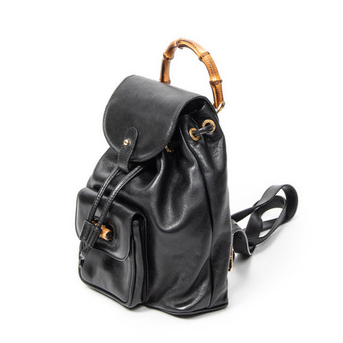 Backpack Mini Bamboo Backpack Black Calfskin Leather