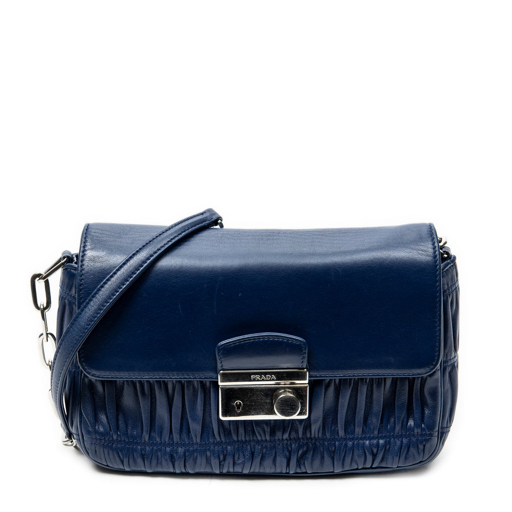 Shoulder Bag Small Sound Chain Flap Navy Nappa Gaufre Leather