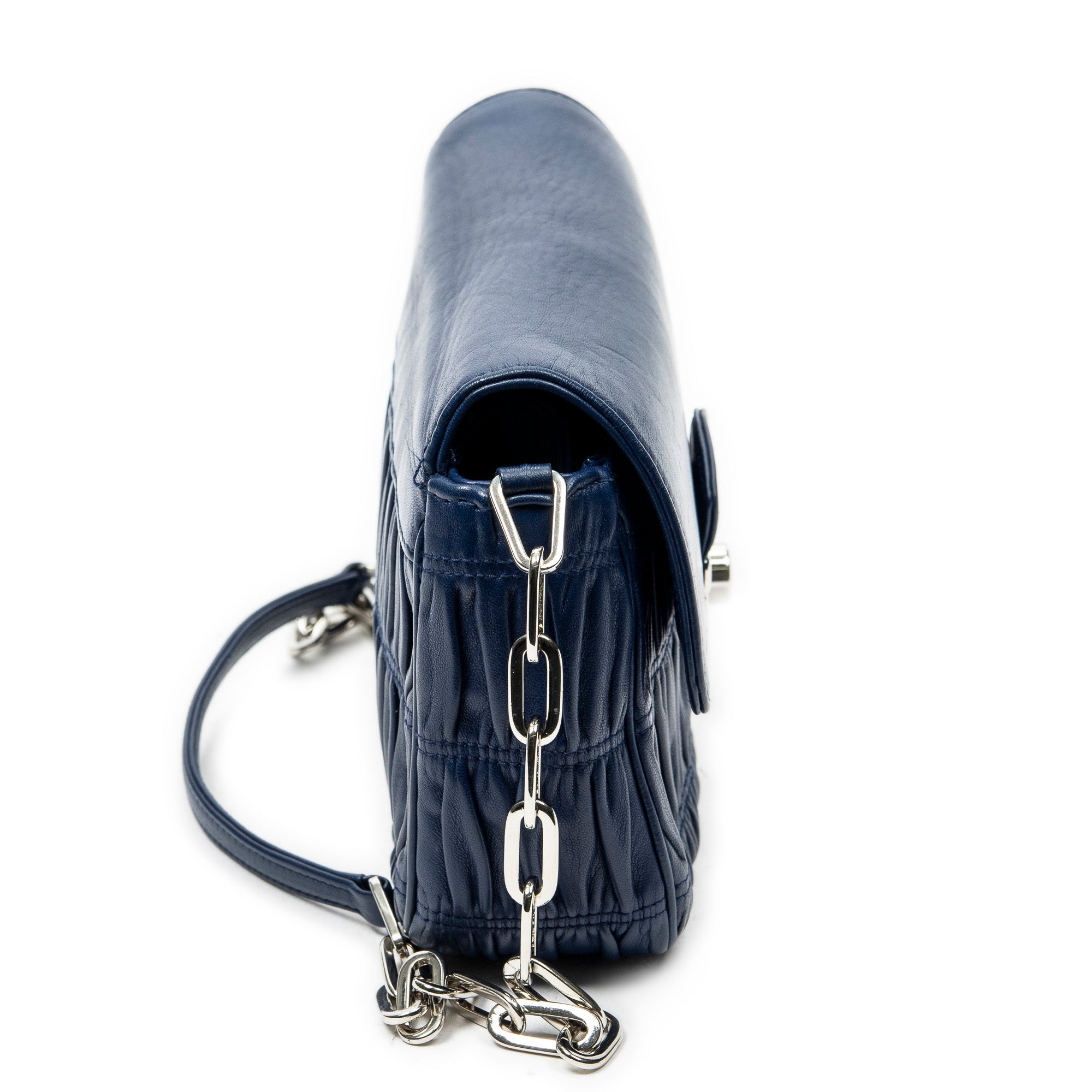 Shoulder Bag Small Sound Chain Flap Navy Nappa Gaufre Leather