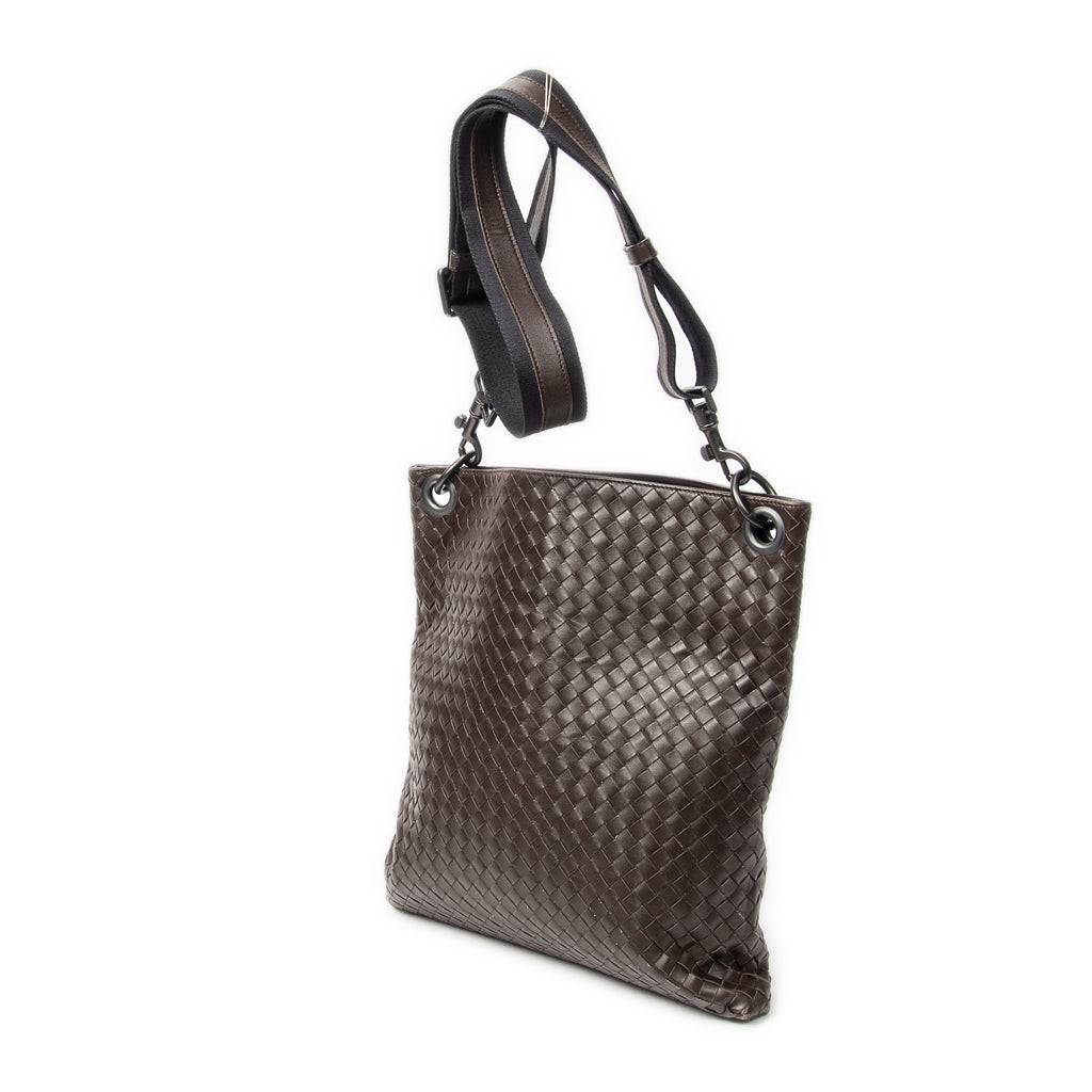 Shoulder Bag Flat Messenger Dark Brown Intrecciato Leather