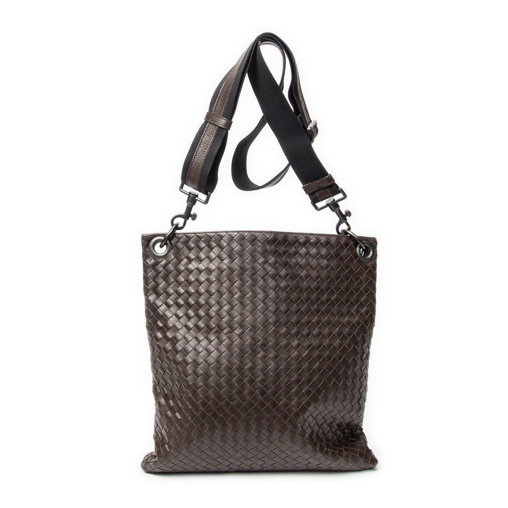 Shoulder Bag Flat Messenger Dark Brown Intrecciato Leather