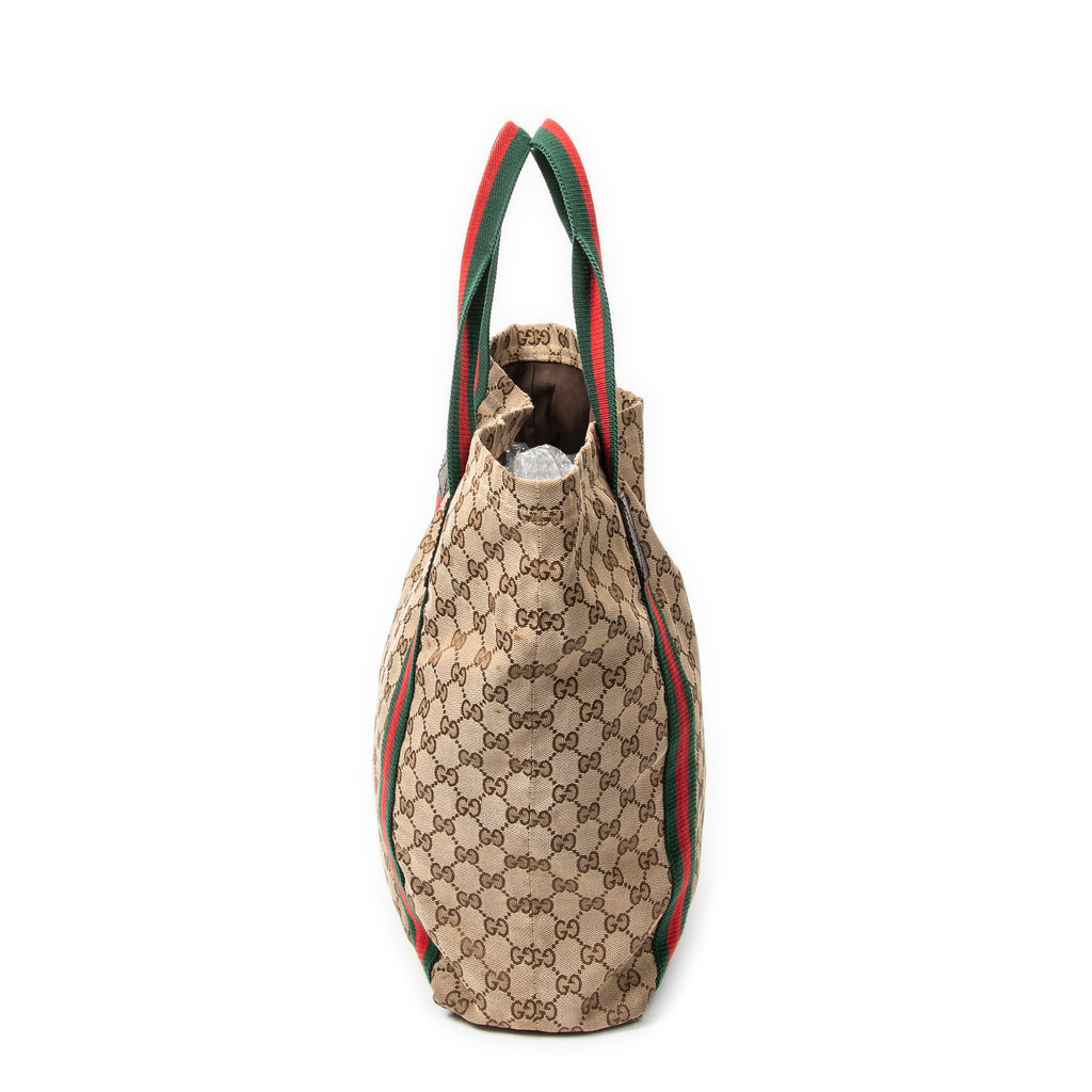Shoulder Bag Web Open Shopper Beige Monogrammed Canvas