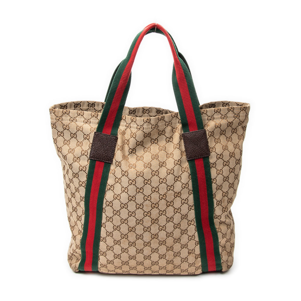 Shoulder Bag Web Open Shopper Beige Monogrammed Canvas