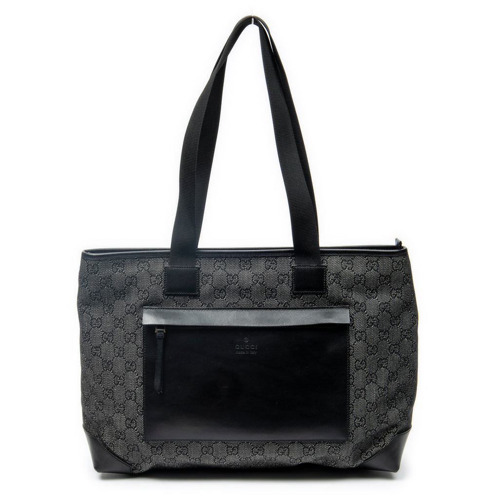 Shoulder Bag Front Pocket Tote Black Monogrammed Denim Canvas