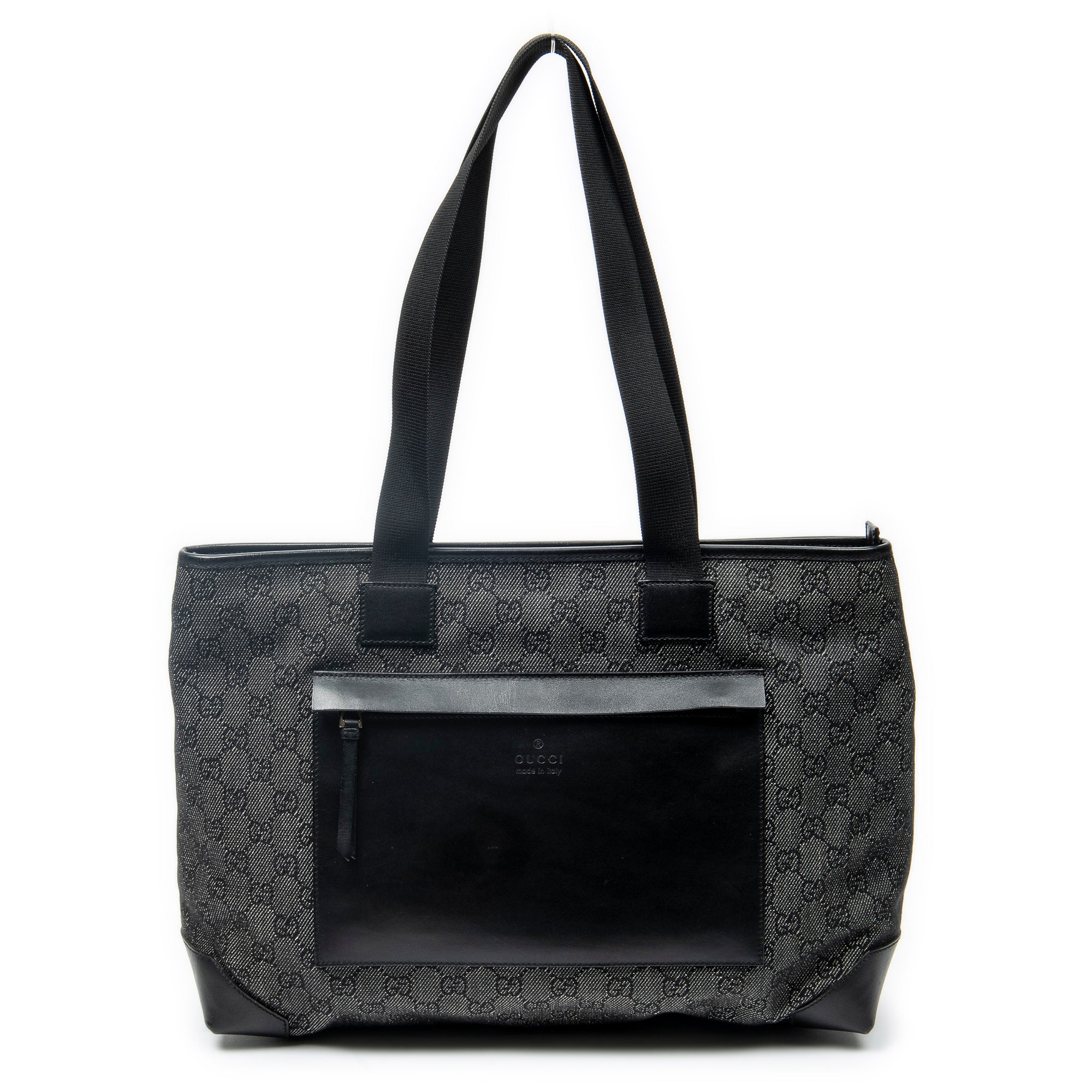 Shoulder Bag Front Pocket Tote Black Monogrammed Denim Canvas