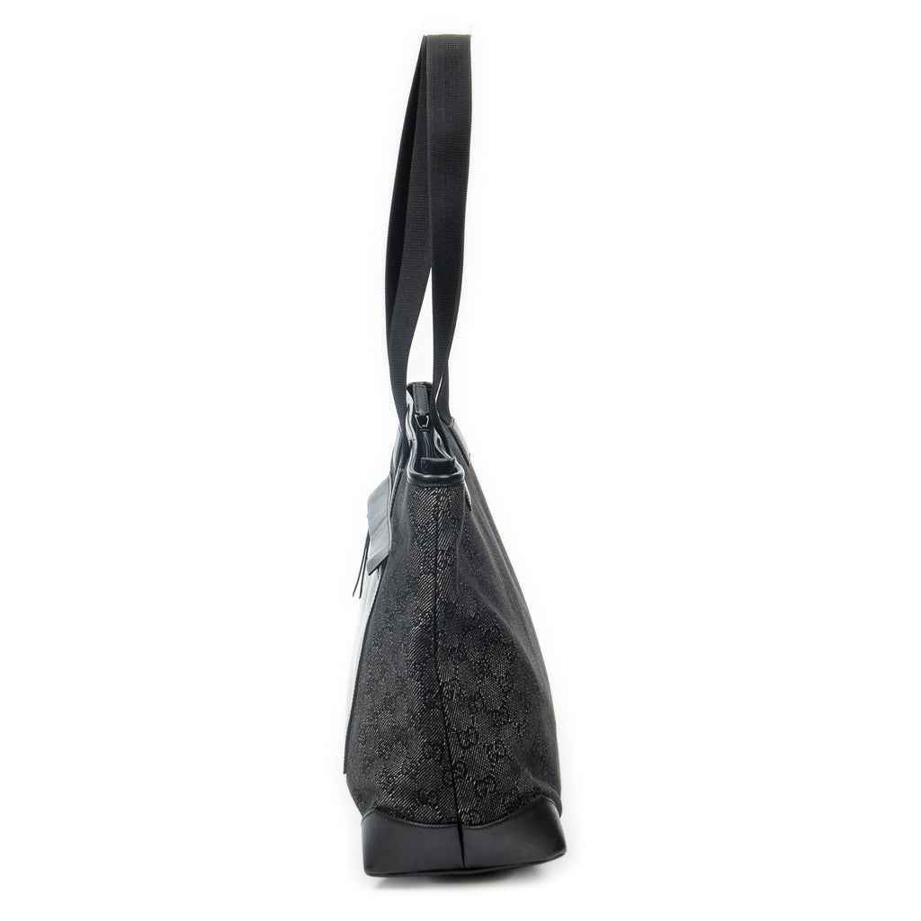 Shoulder Bag Front Pocket Tote Black Monogrammed Denim Canvas