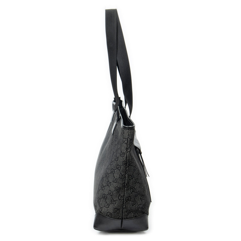 Shoulder Bag Front Pocket Tote Black Monogrammed Denim Canvas