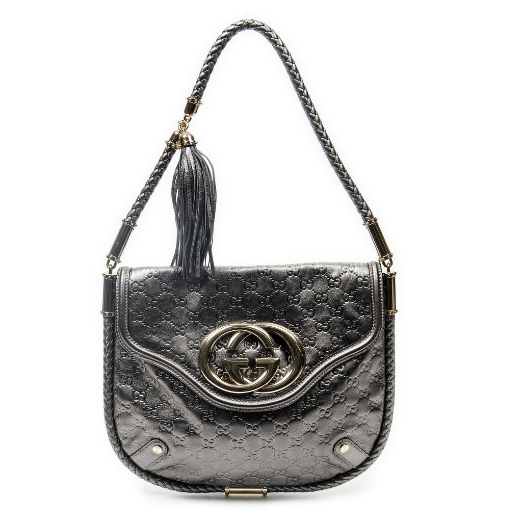 Shoulder Bag Medium Britt Tassel Flap Metallic Silver Guccissima Leather