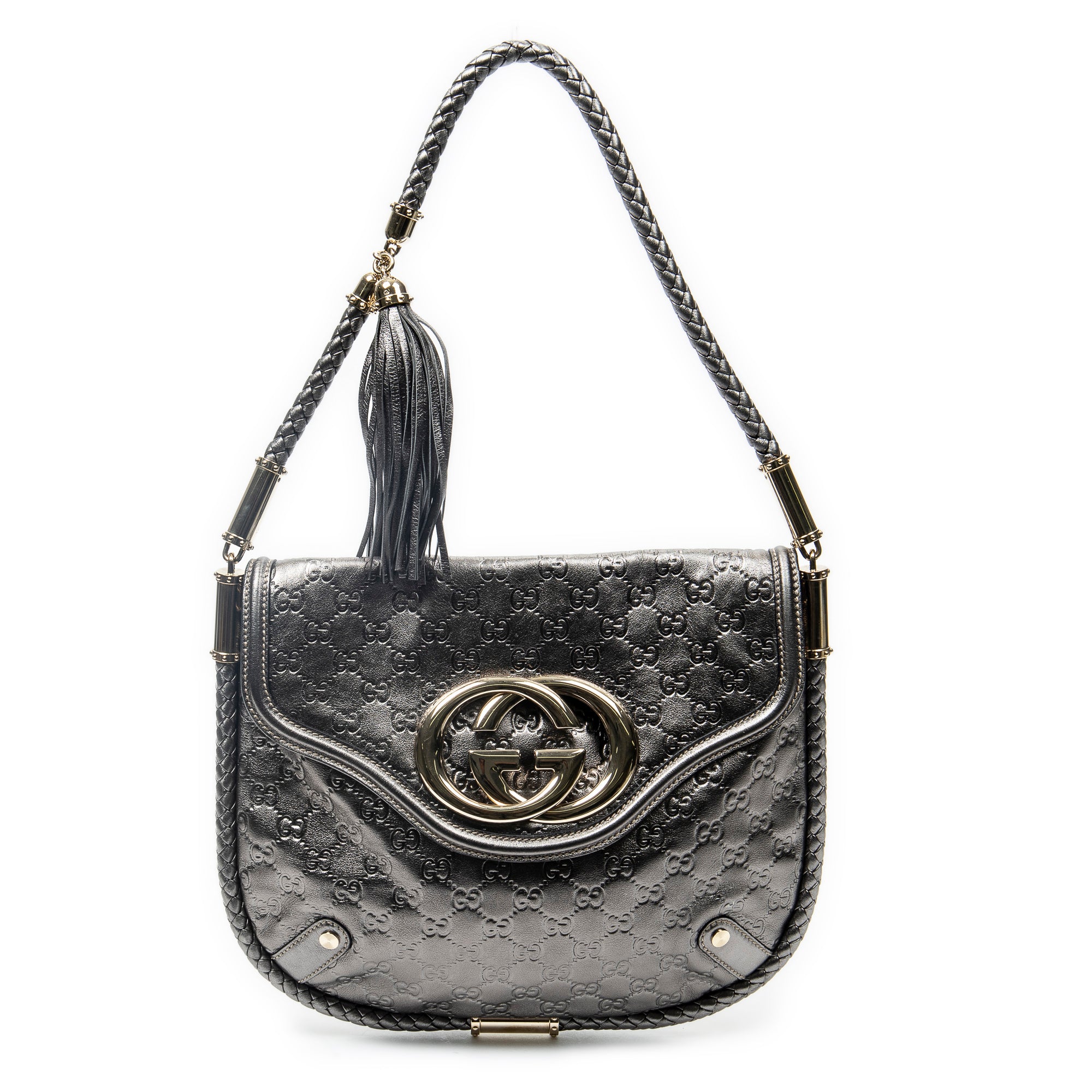 Shoulder Bag Medium Britt Tassel Flap Metallic Silver Guccissima Leather