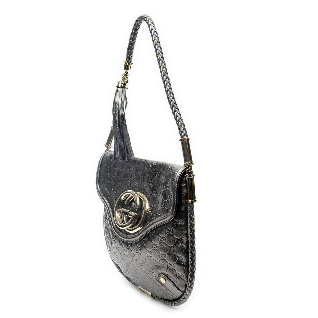 Shoulder Bag Medium Britt Tassel Flap Metallic Silver Guccissima Leather
