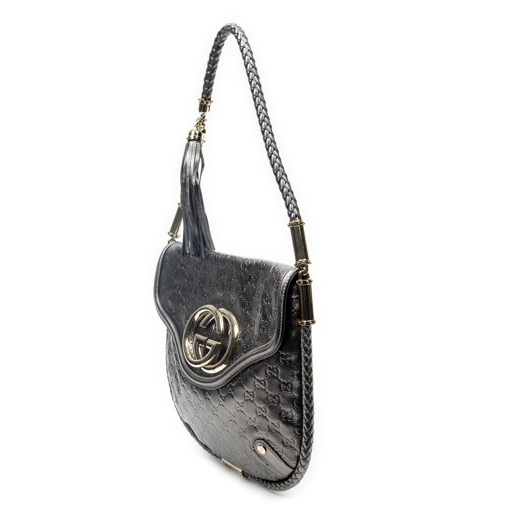 Shoulder Bag Medium Britt Tassel Flap Metallic Silver Guccissima Leather
