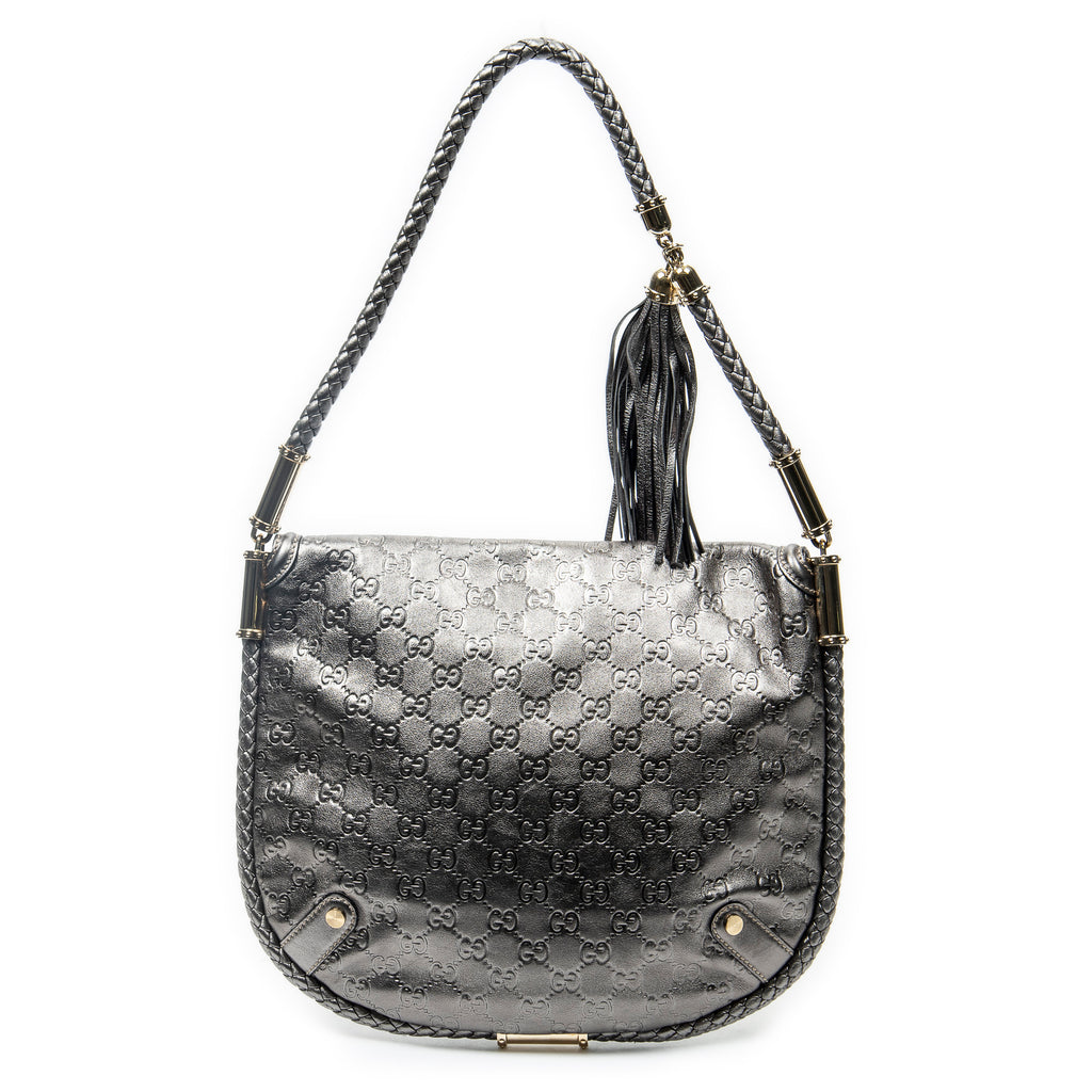 Shoulder Bag Medium Britt Tassel Flap Metallic Silver Guccissima Leather