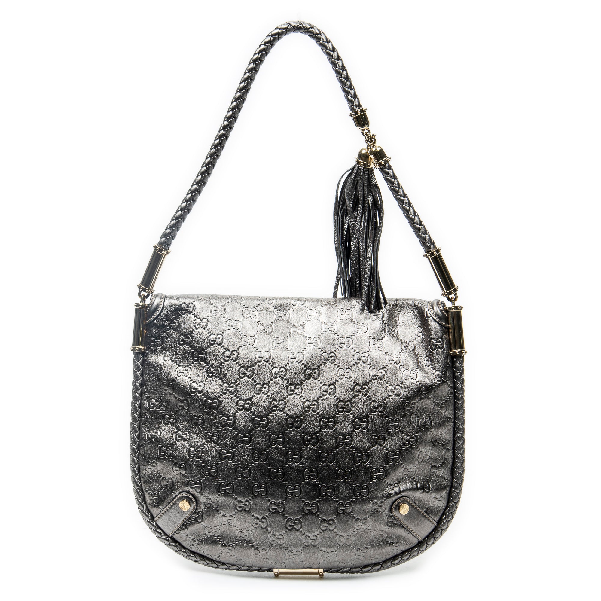 Shoulder Bag Medium Britt Tassel Flap Metallic Silver Guccissima Leather