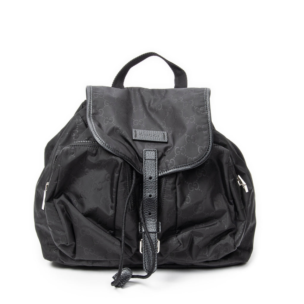Backpack Double Pocket Drawstring Backpack Black Monogrammed Nylon Canvas