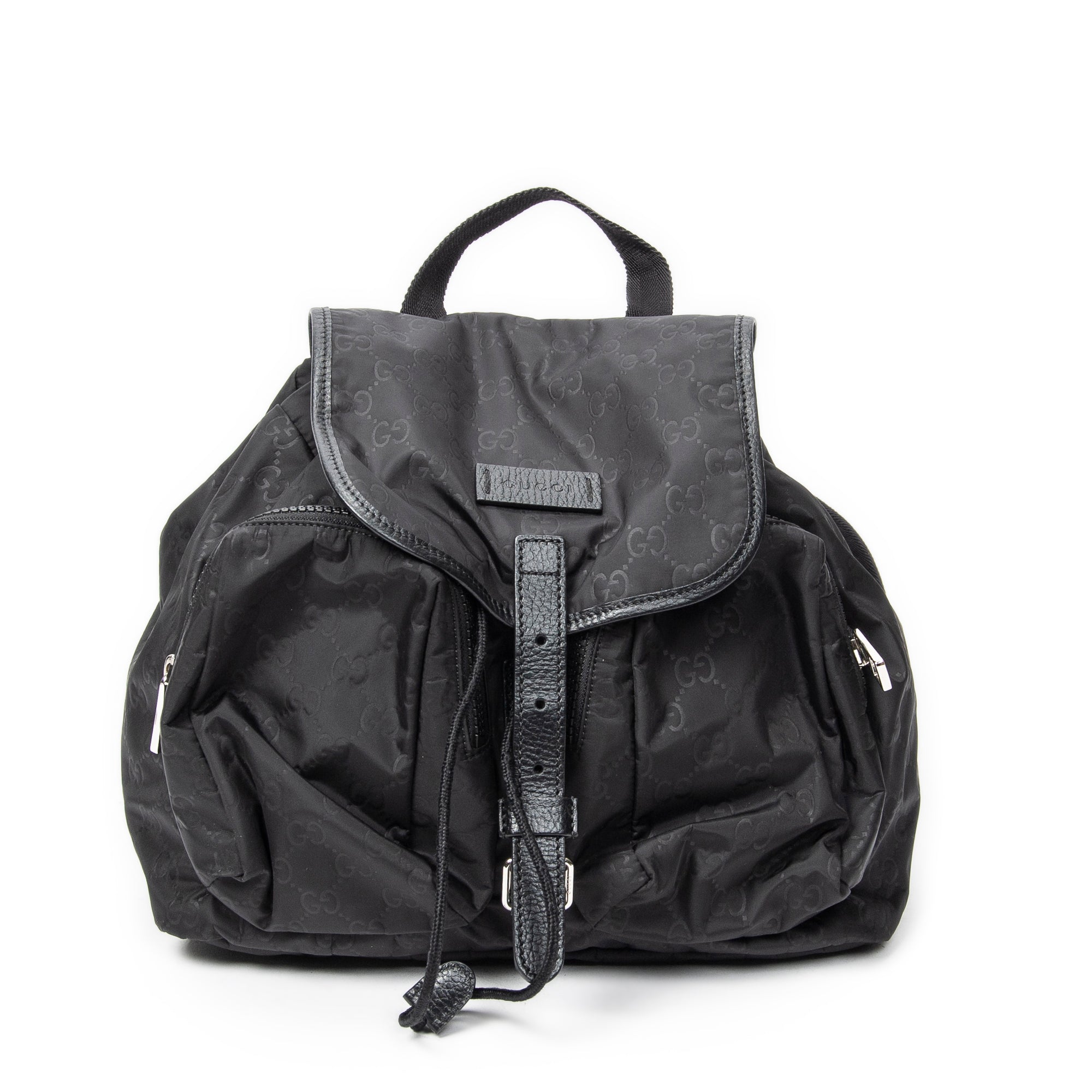 Backpack Double Pocket Drawstring Backpack Black Monogrammed Nylon Canvas