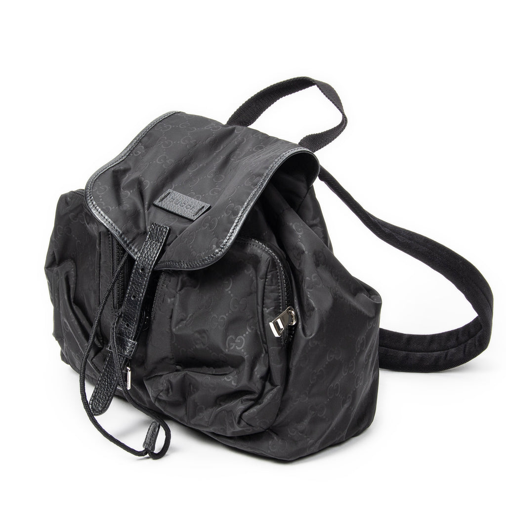 Backpack Double Pocket Drawstring Backpack Black Monogrammed Nylon Canvas