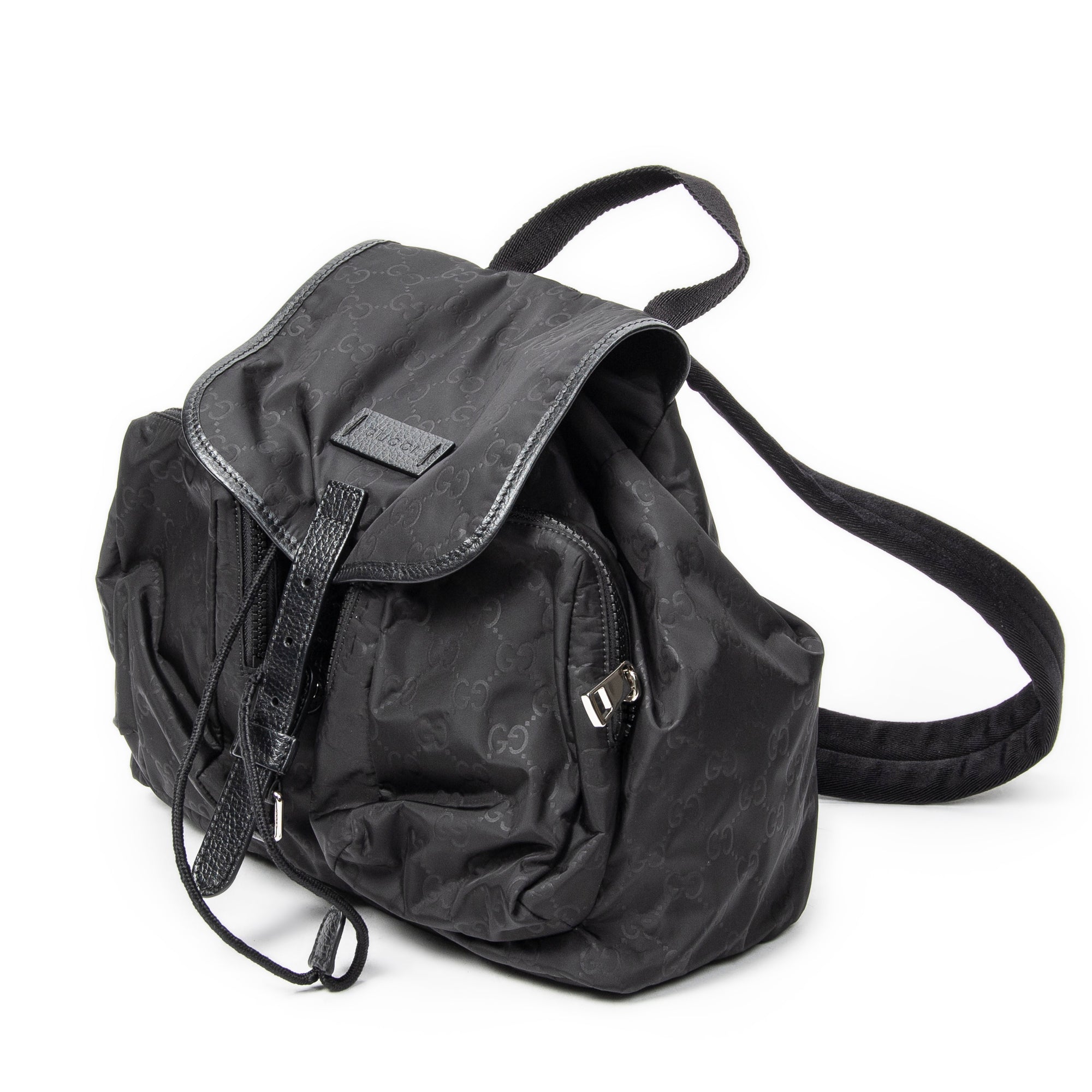 Backpack Double Pocket Drawstring Backpack Black Monogrammed Nylon Canvas