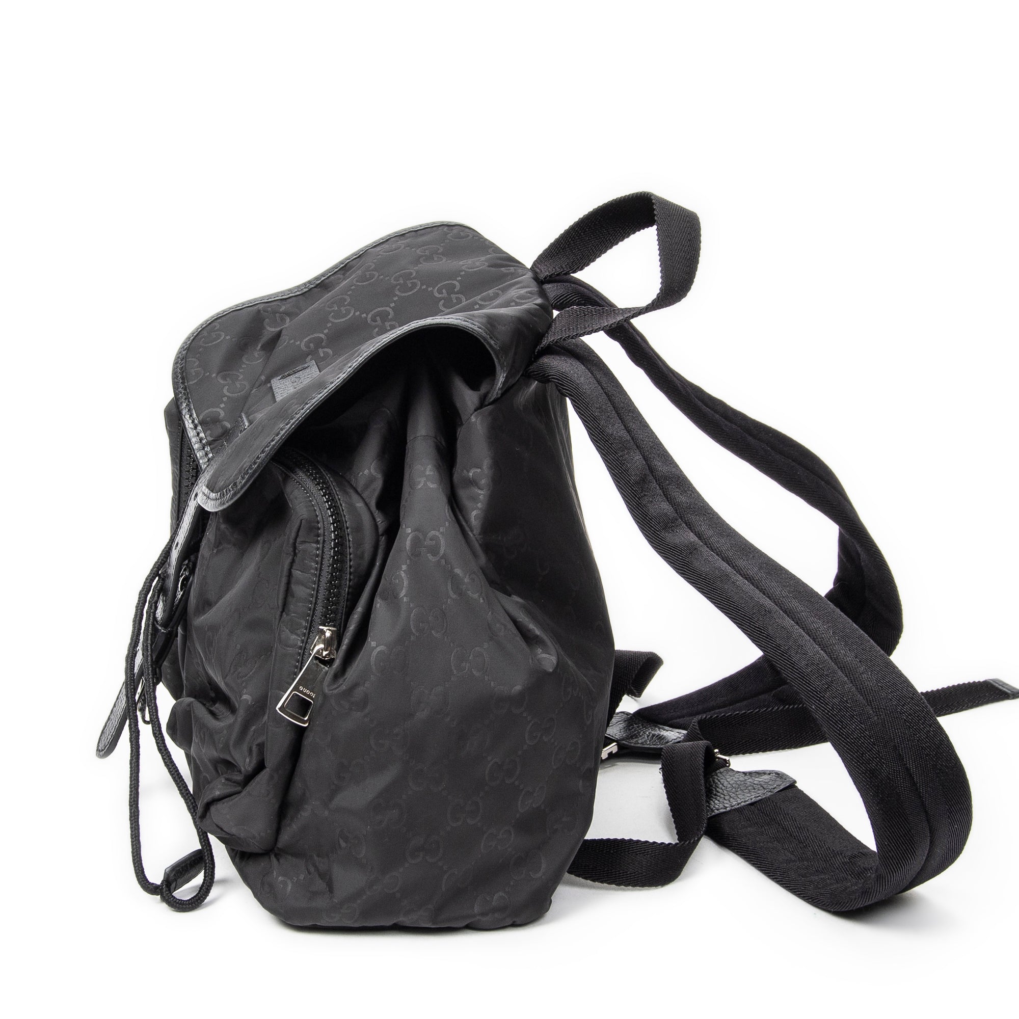 Backpack Double Pocket Drawstring Backpack Black Monogrammed Nylon Canvas