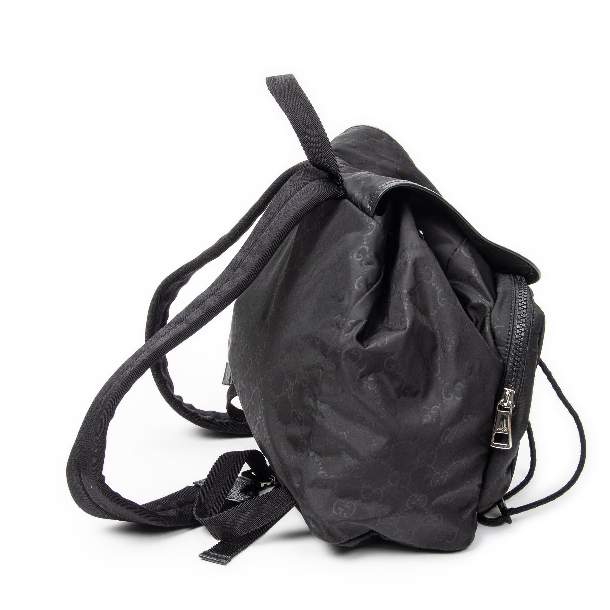Backpack Double Pocket Drawstring Backpack Black Monogrammed Nylon Canvas