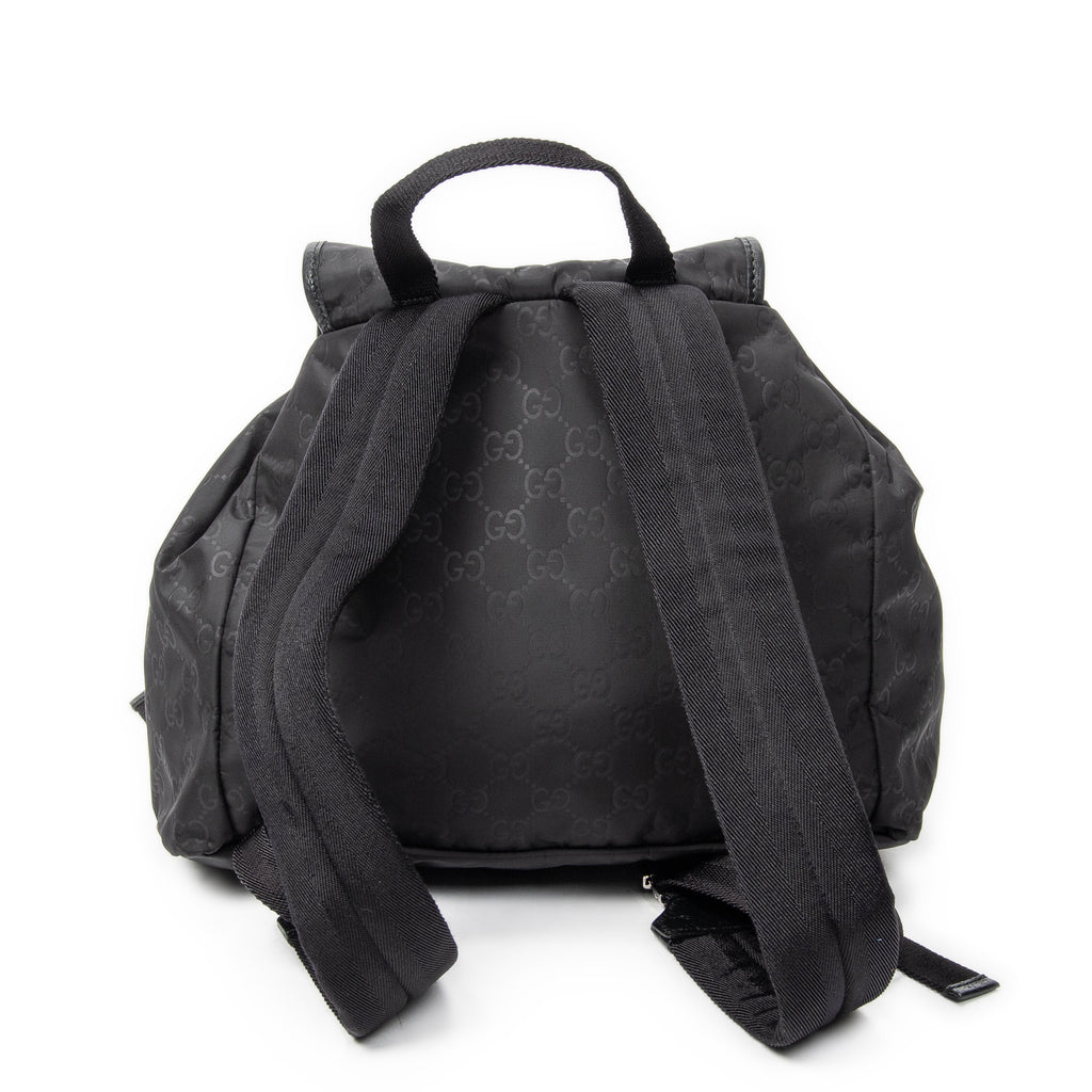 Backpack Double Pocket Drawstring Backpack Black Monogrammed Nylon Canvas