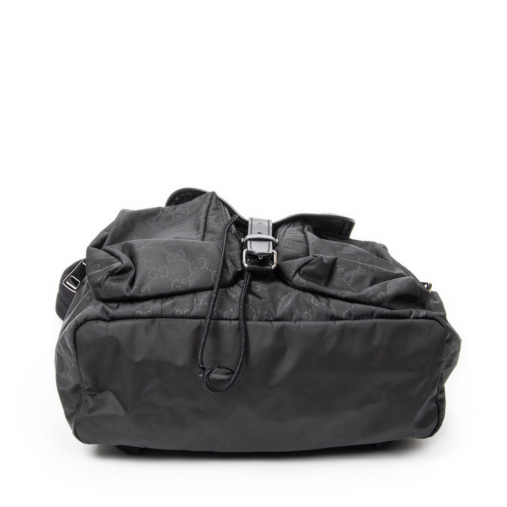 Backpack Double Pocket Drawstring Backpack Black Monogrammed Nylon Canvas