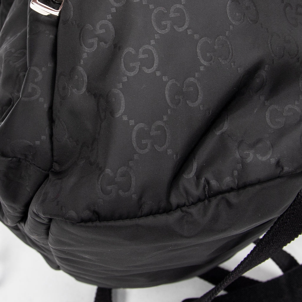 Backpack Double Pocket Drawstring Backpack Black Monogrammed Nylon Canvas