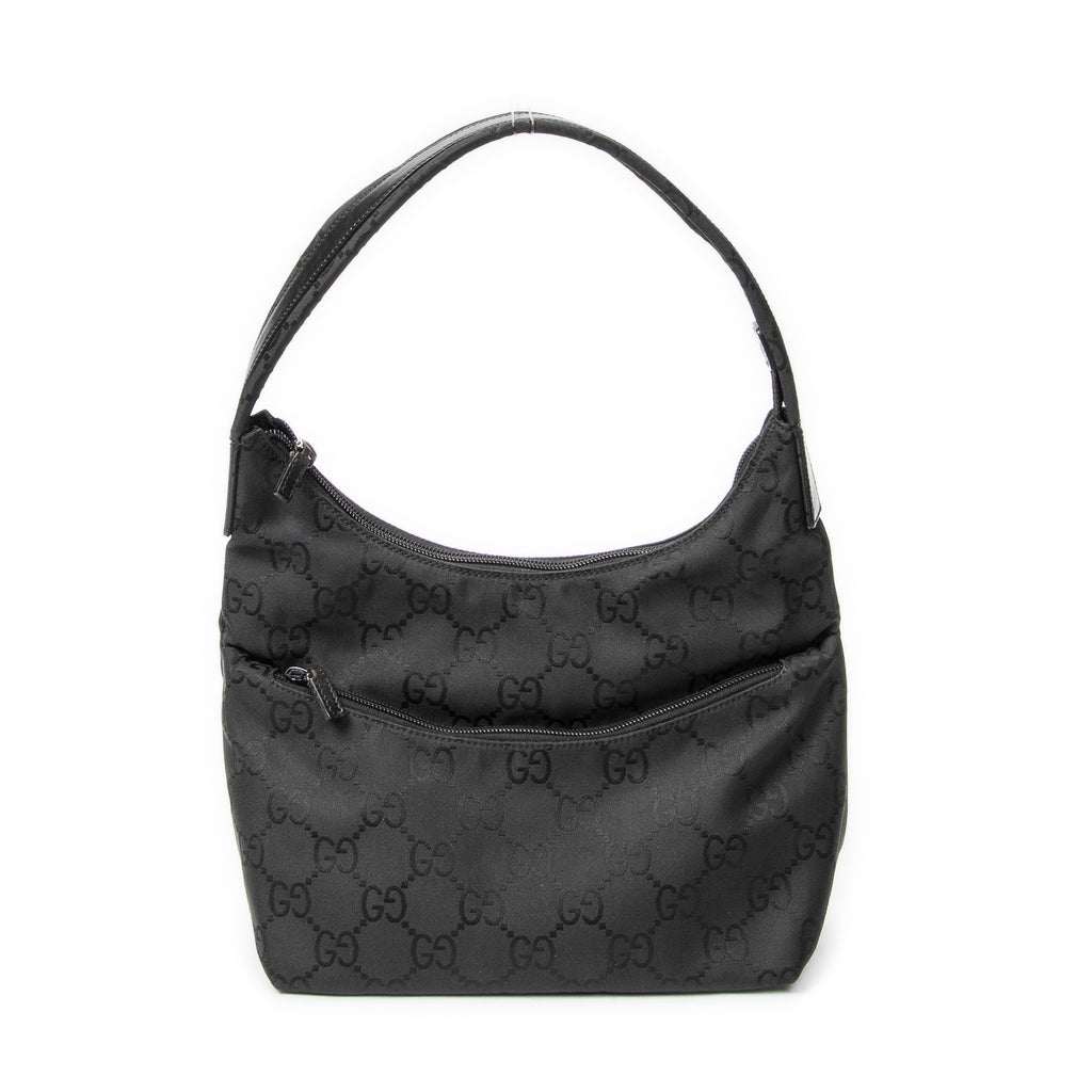 Shoulder Bag Front Pocket Hobo Black Monogrammed Nylon Canvas
