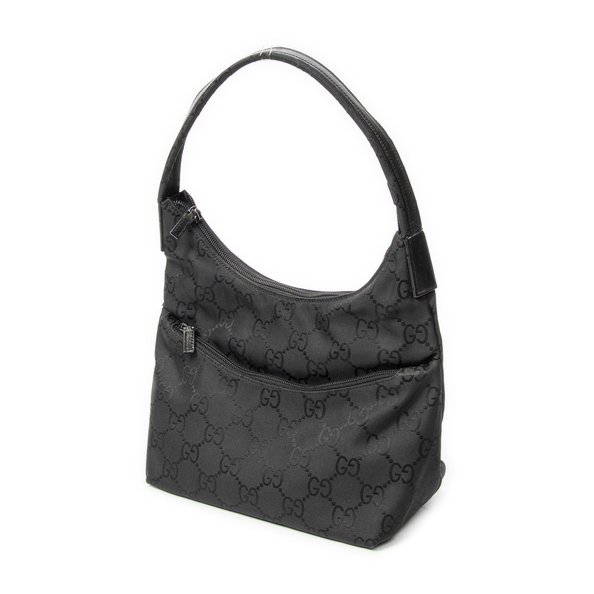 Bolso de hombro con bolsillo delantero tipo hobo de nailon con monograma negro