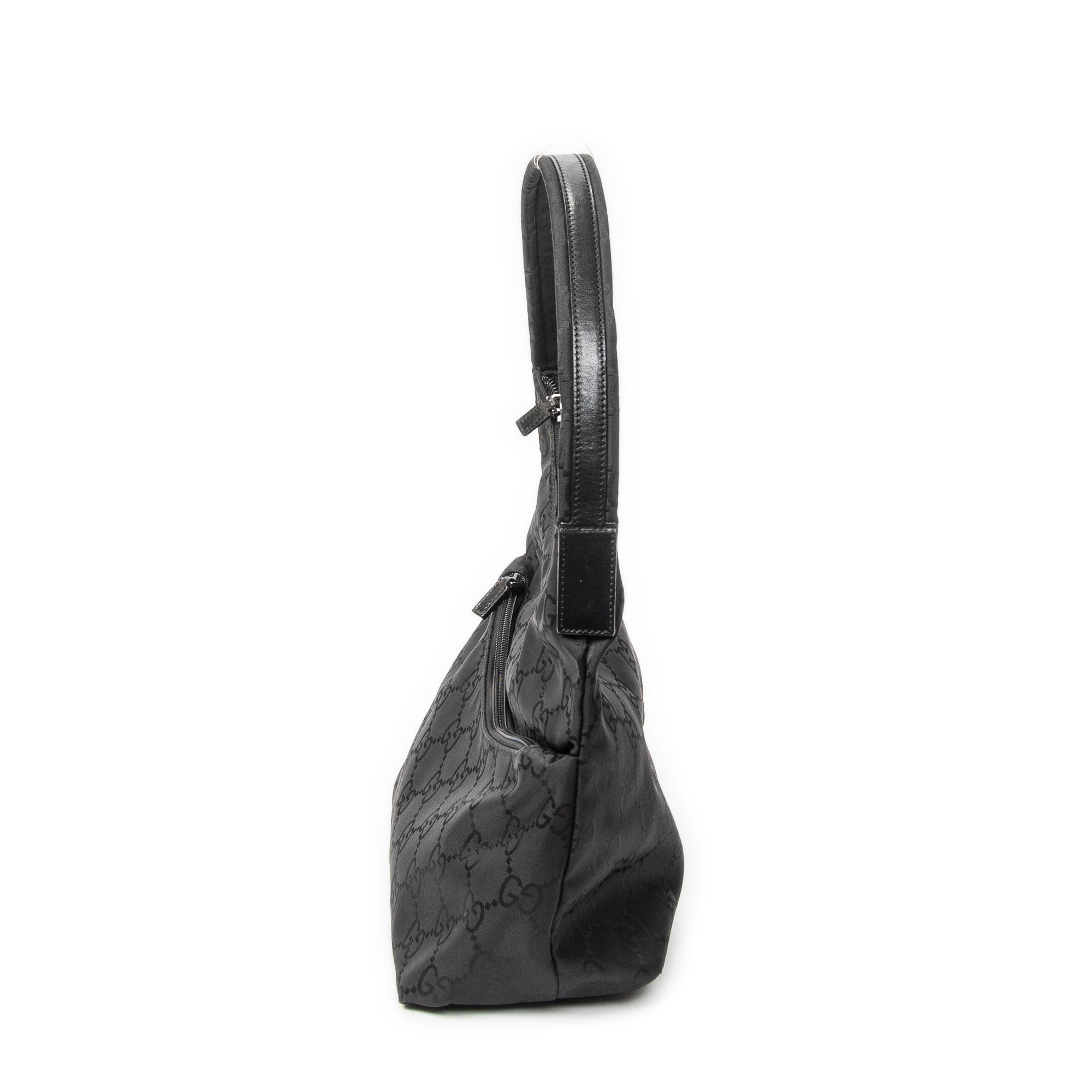 Shoulder Bag Front Pocket Hobo Black Monogrammed Nylon Canvas