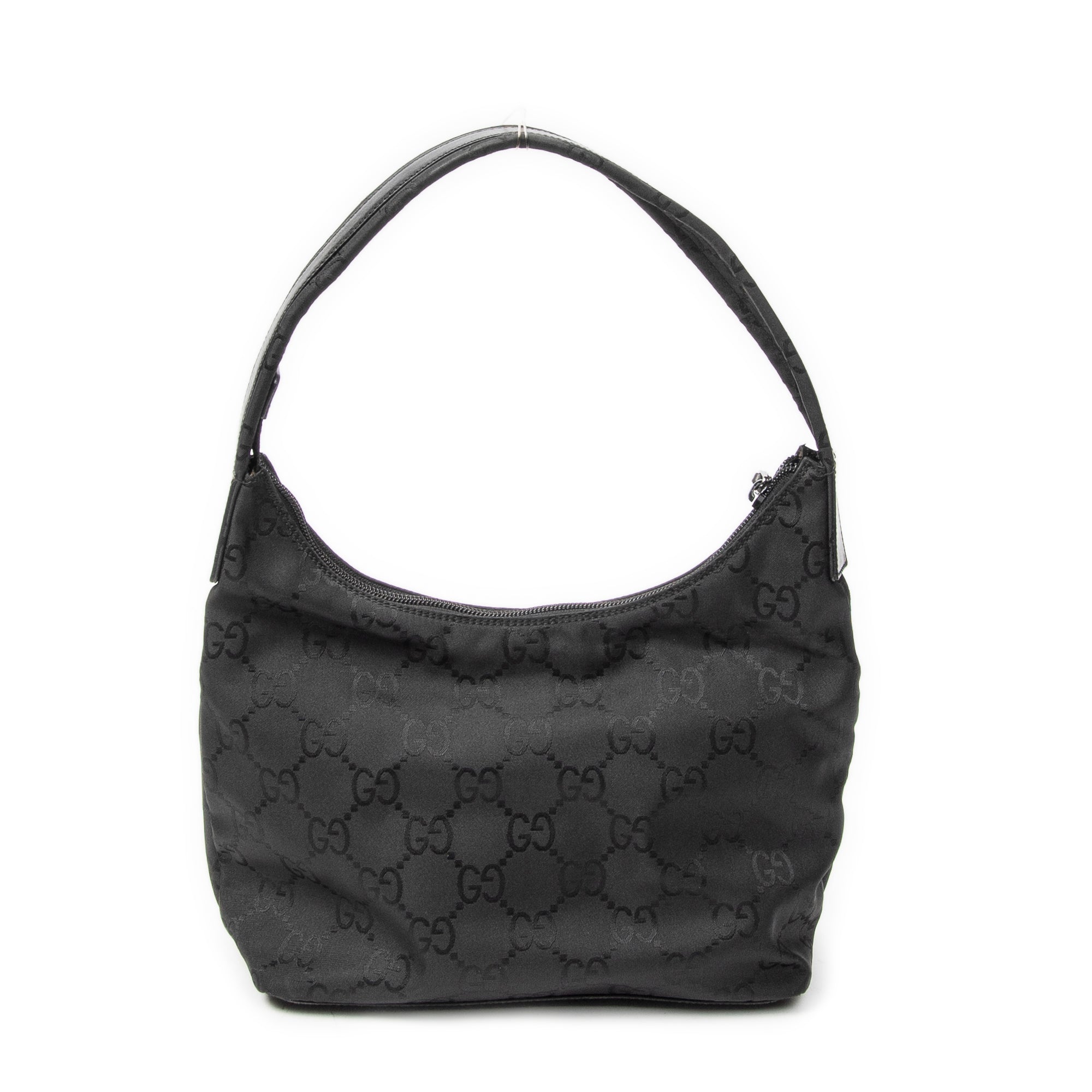 Bolso de hombro con bolsillo delantero tipo hobo de nailon con monograma negro