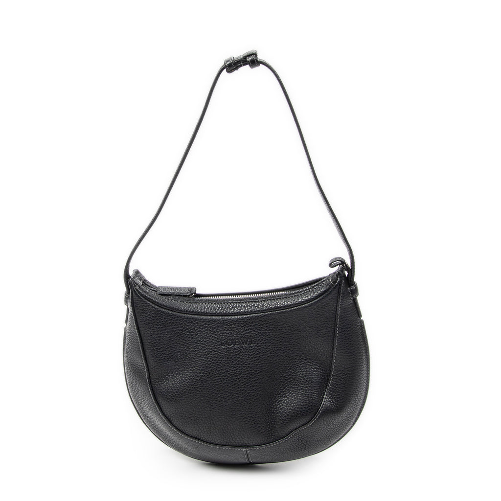 Shoulder Bag Vintage Round Hobo Black Grained Calfskin Leather