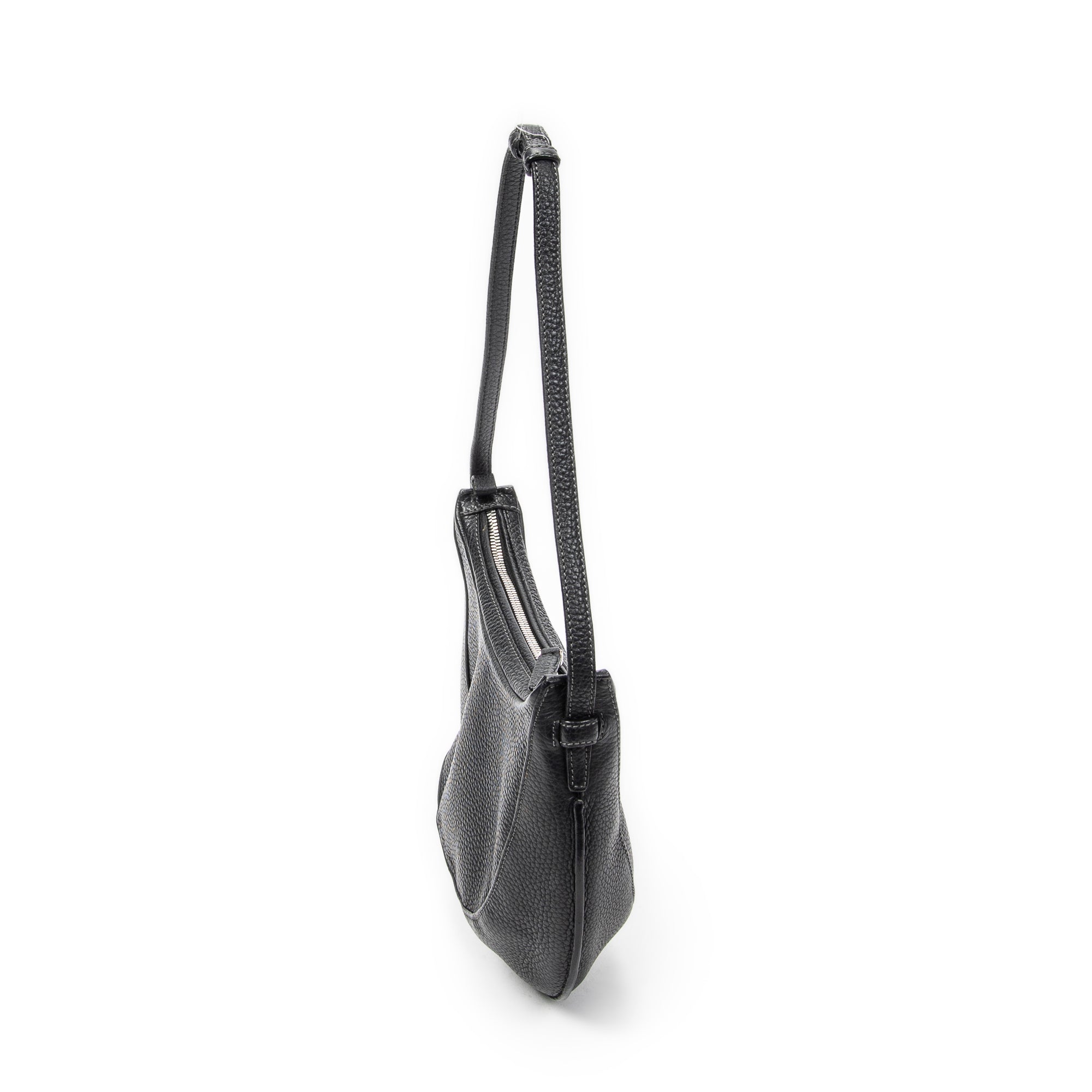 Shoulder Bag Vintage Round Hobo Black Grained Calfskin Leather