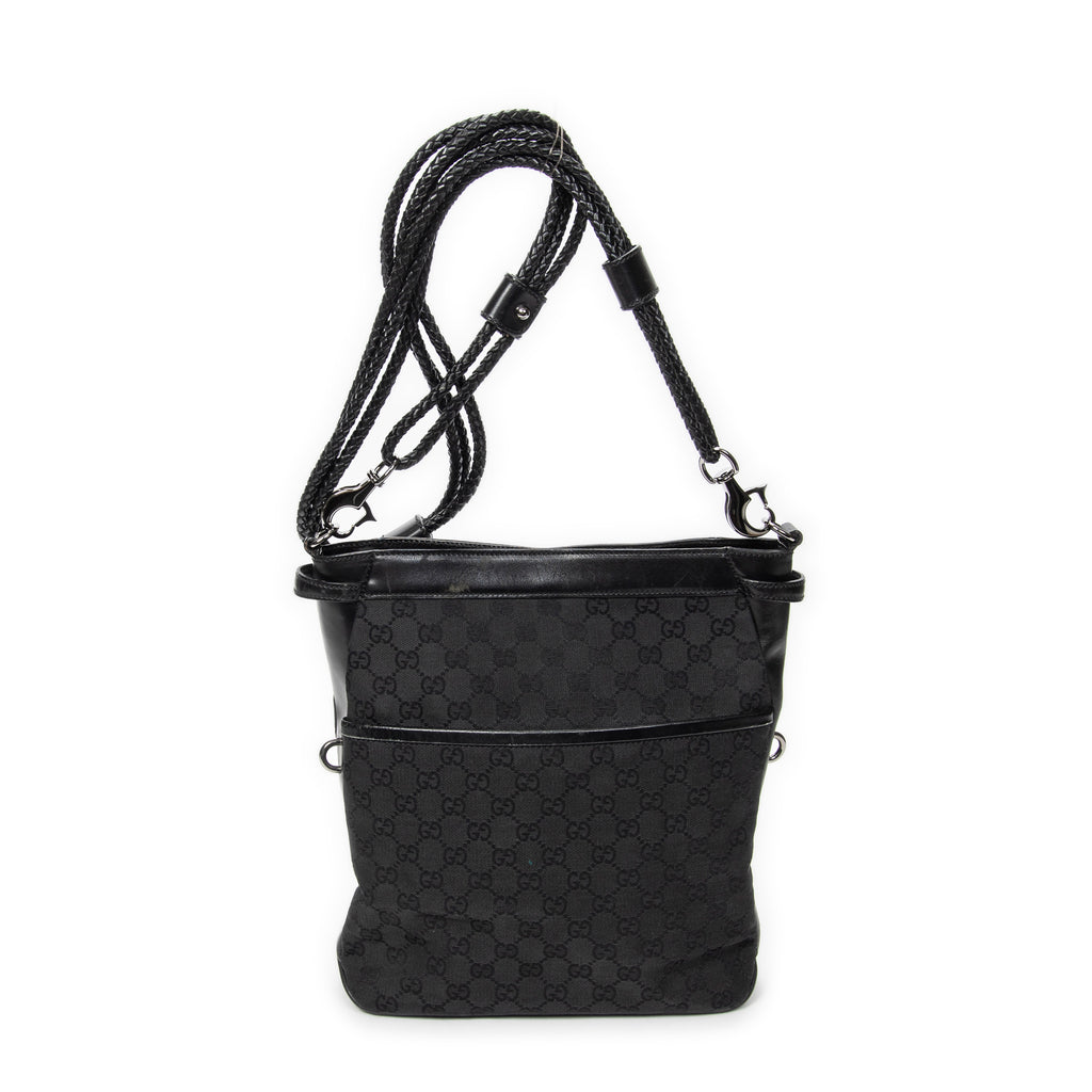 Bandolera con correa trenzada en lona monogramada negra
