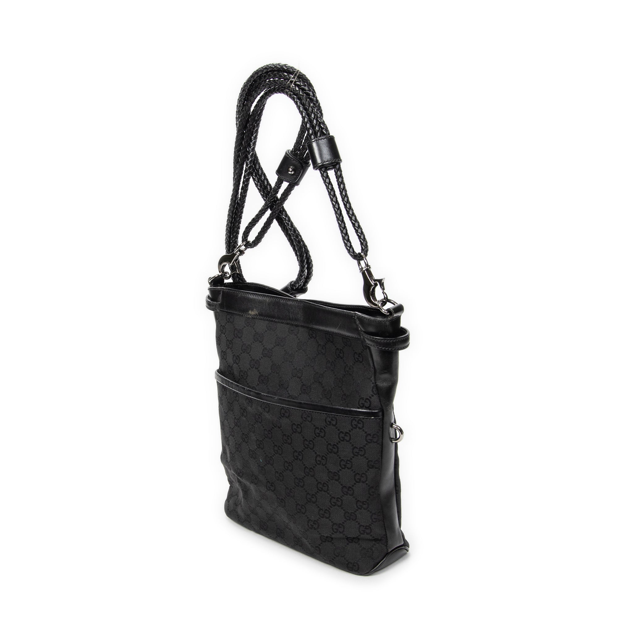 Bandolera con correa trenzada en lona monogramada negra