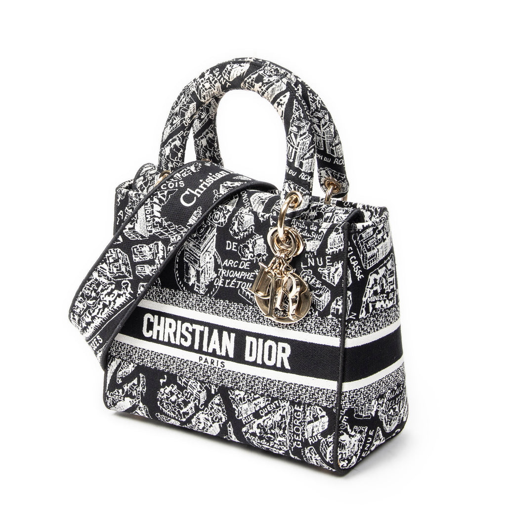 Shoulder Bag Medium Lady D-Lite Black Embroidered Canvas