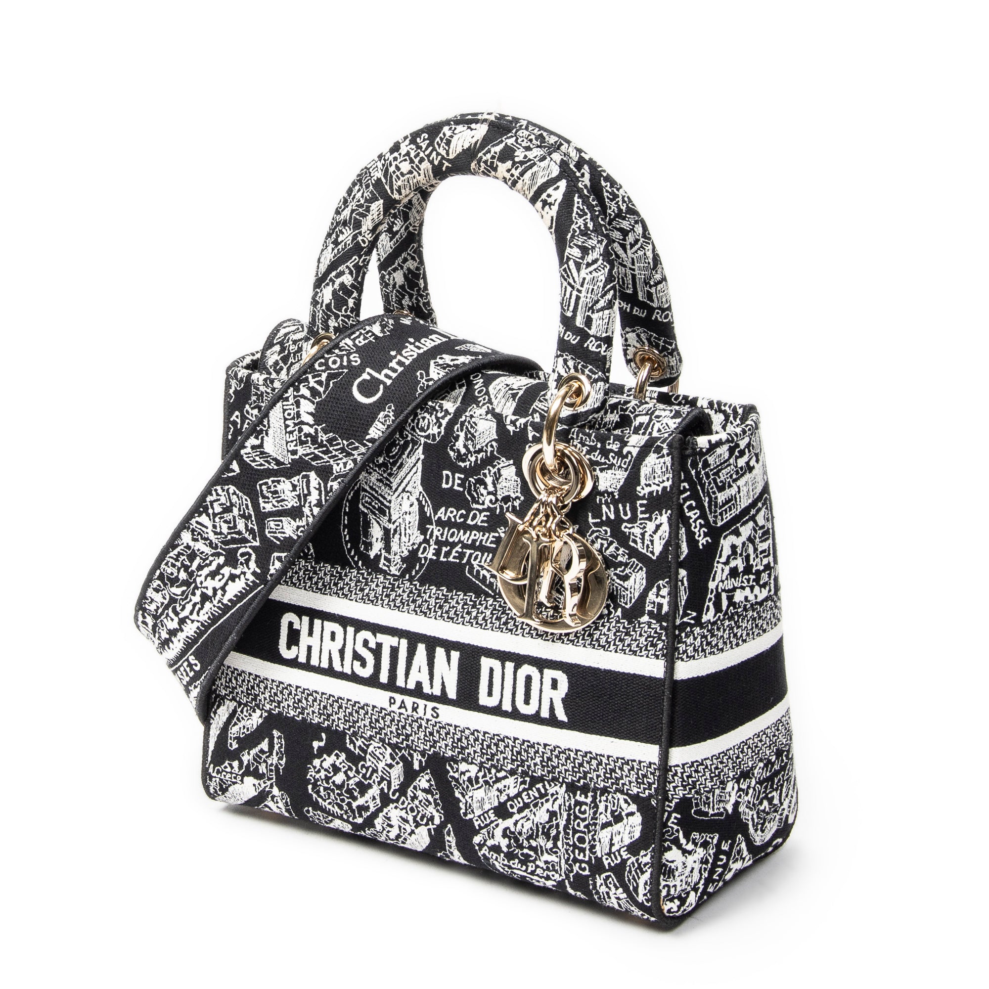 Shoulder Bag Medium Lady D-Lite Black Embroidered Canvas