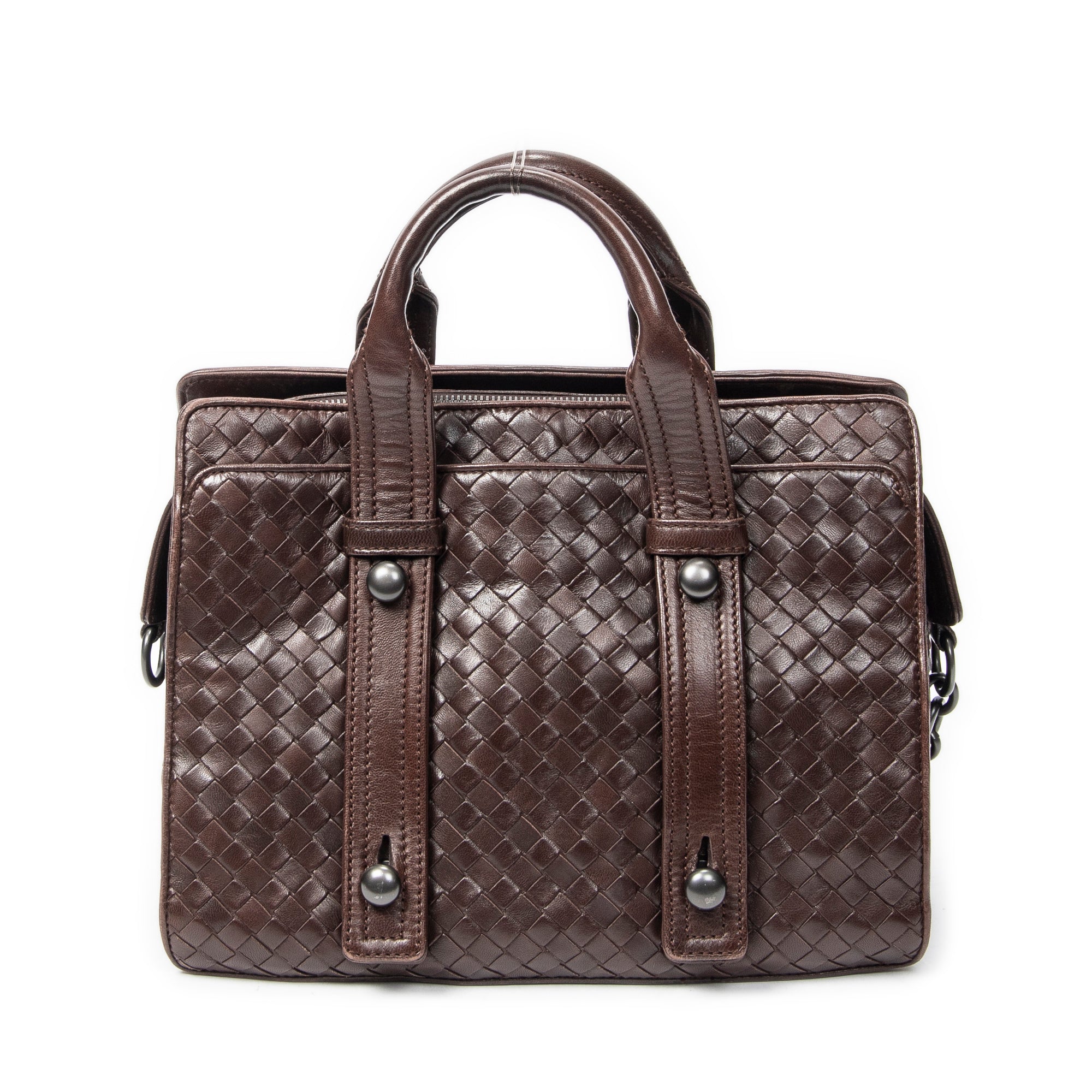 Handbag Top Handle Satchel Brown Intrecciato Leather