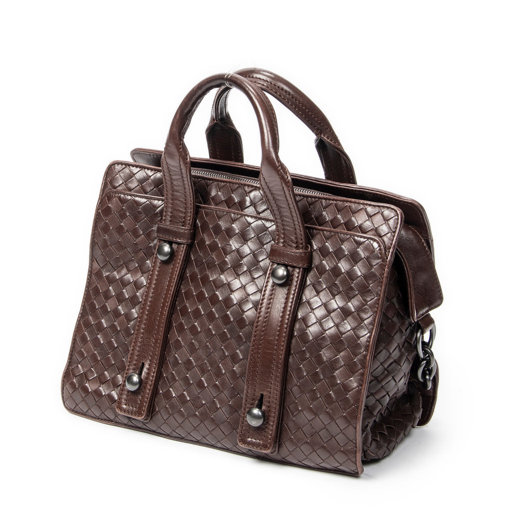 Handbag Top Handle Satchel Brown Intrecciato Leather